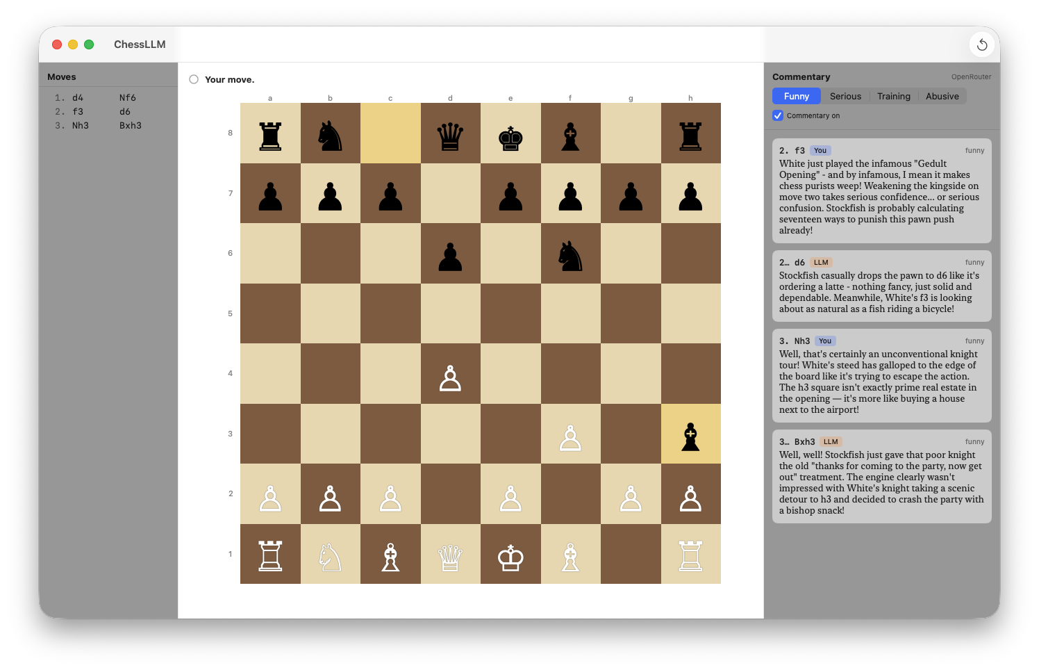 ChessLLM showing a chess board mid-game with the move list and live LLM commentary panel