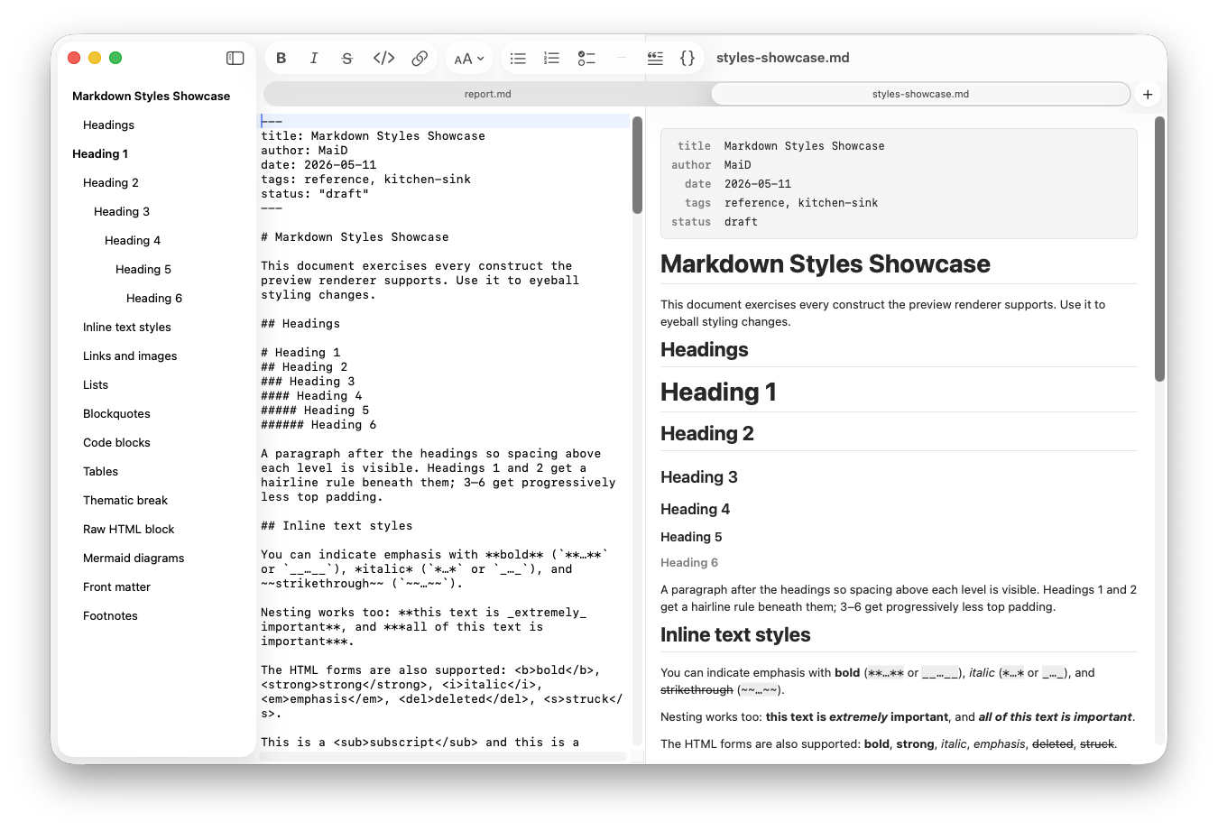MaiD showing the Markdown editor on the left and live rendered preview on the right, with an outline sidebar and document tabs